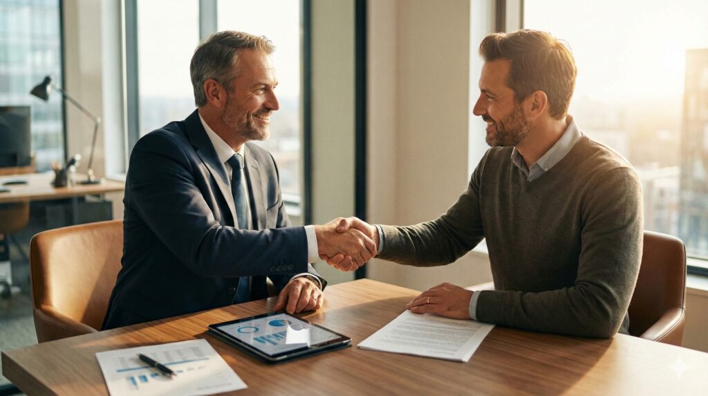 Zwei europäische Männer geben sich im Beratungsgespräch die Hand, um eine Vereinbarung zur Auswanderung nach Thailand zu bestätigen.