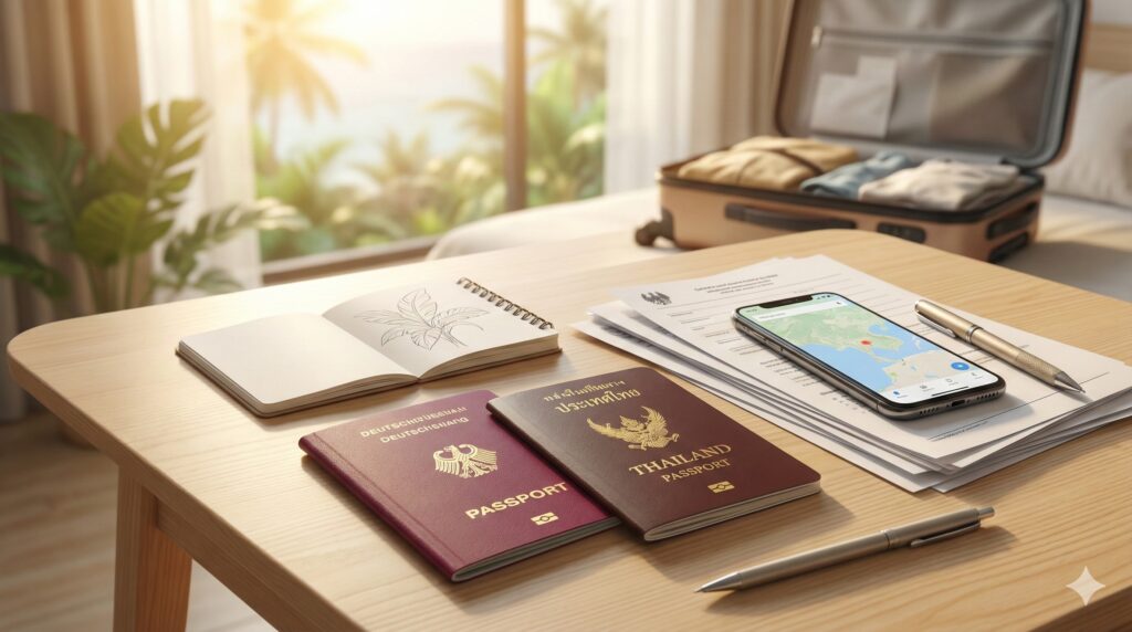 Zwei Reisepässe liegen auf einem Tisch neben einer Checkliste für die Auswanderung nach Thailand.