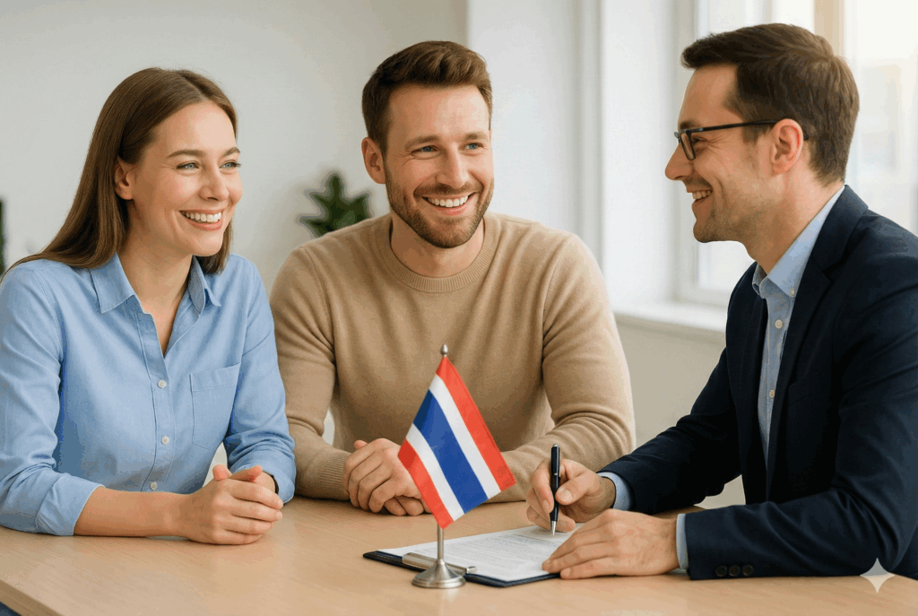 Drei Personen sitzen an einem modernen Beratungstisch und besprechen die Planung einer Auswanderung nach Thailand in professioneller, heller Atmosphäre.