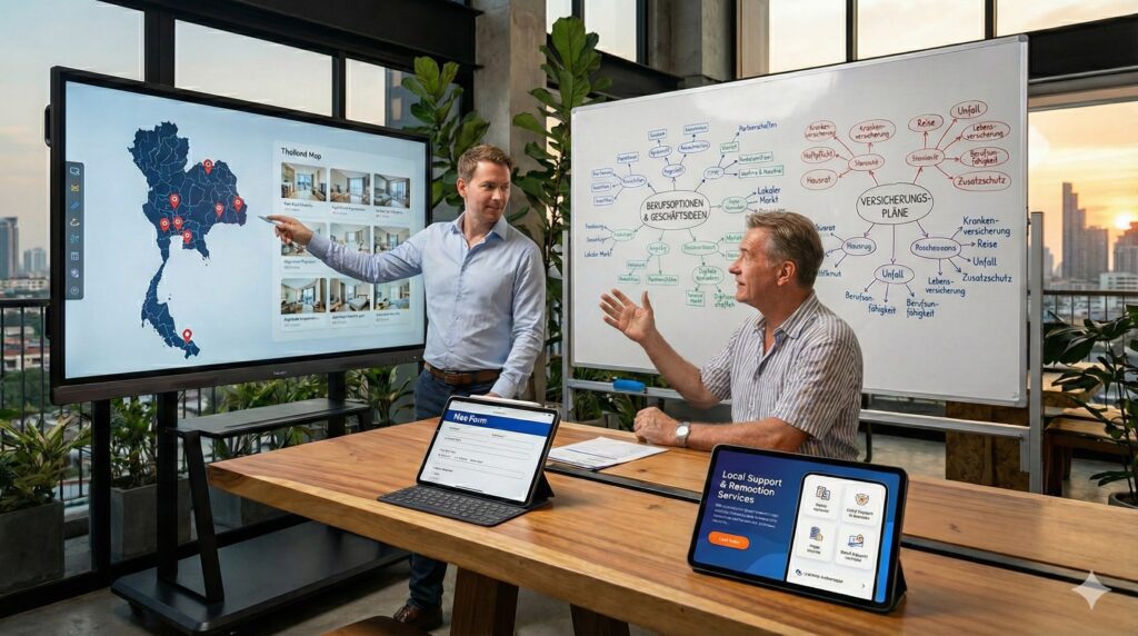 Berater und Kunde sitzen am Tisch; sichtbar sind Unterlagen zu Visa, Wohnungssuche, Jobideen und Versicherungen für die Auswanderung nach Thailand.
